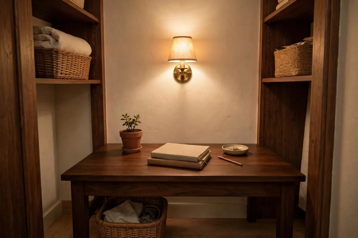 21 Walk in Closet Office Ideas That Feel Like a Boutique Studio 10 Small closet office lit by a brass wall sconce above a dark wooden desk