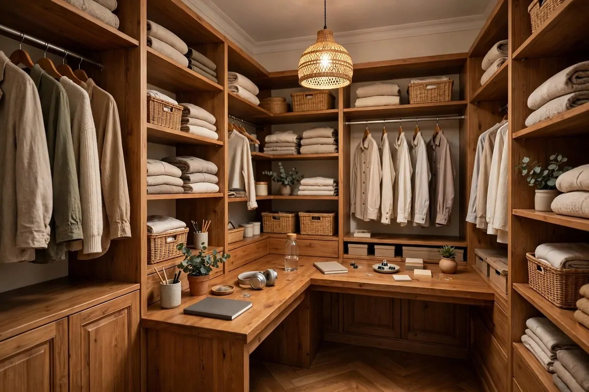21 Walk in Closet Office Ideas That Feel Like a Boutique Studio 12 L shaped desk inside a walk in closet office with wardrobe storage along the side
