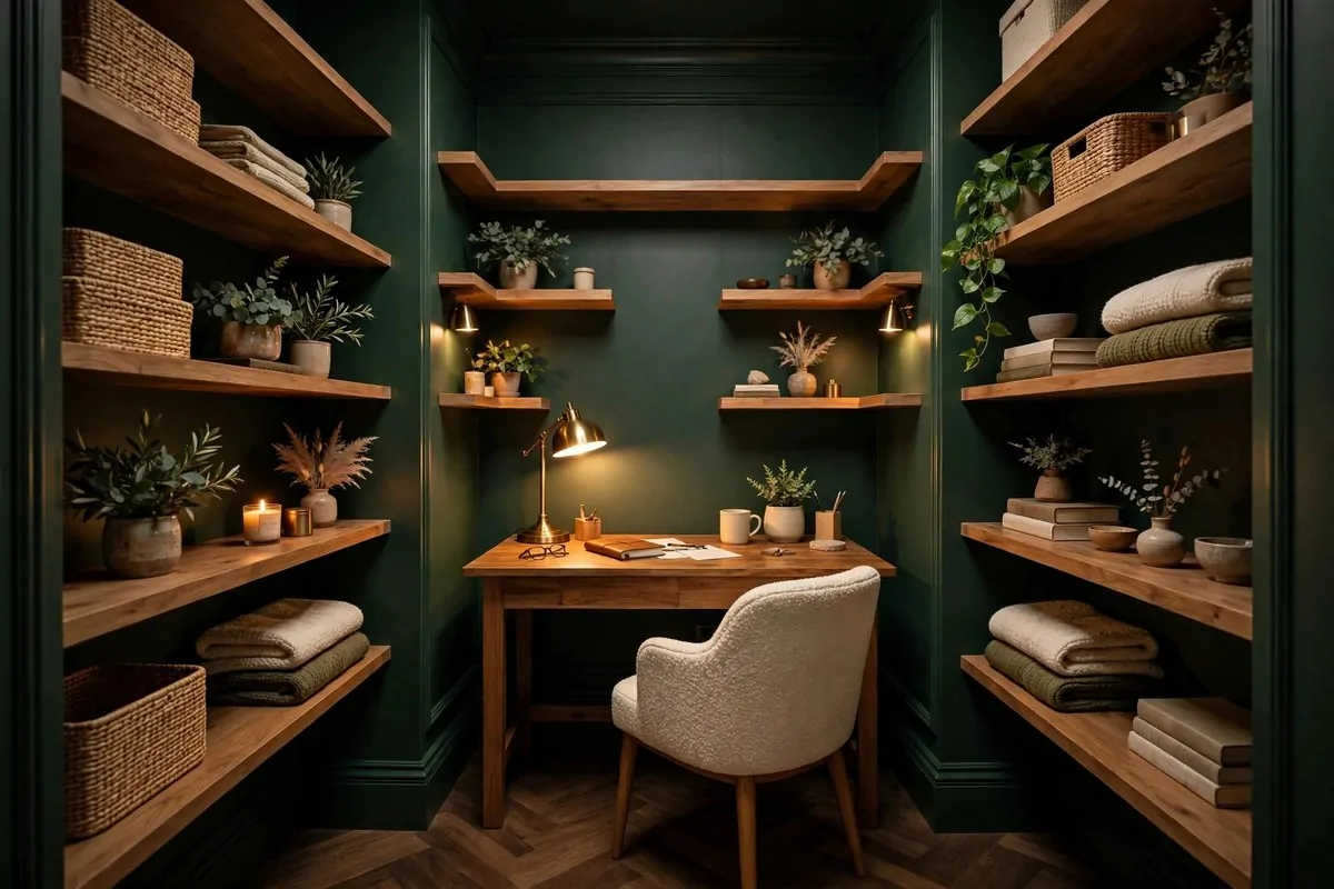 21 Walk in Closet Office Ideas That Feel Like a Boutique Studio 13 Walk in closet office painted deep forest green with natural wood floating shelves