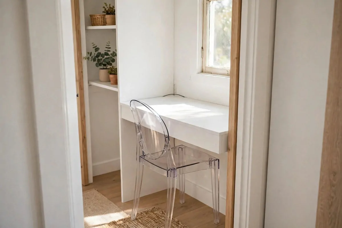 21 Walk in Closet Office Ideas That Feel Like a Boutique Studio 14 Small closet office with a clear acrylic chair tucked under a white floating desk