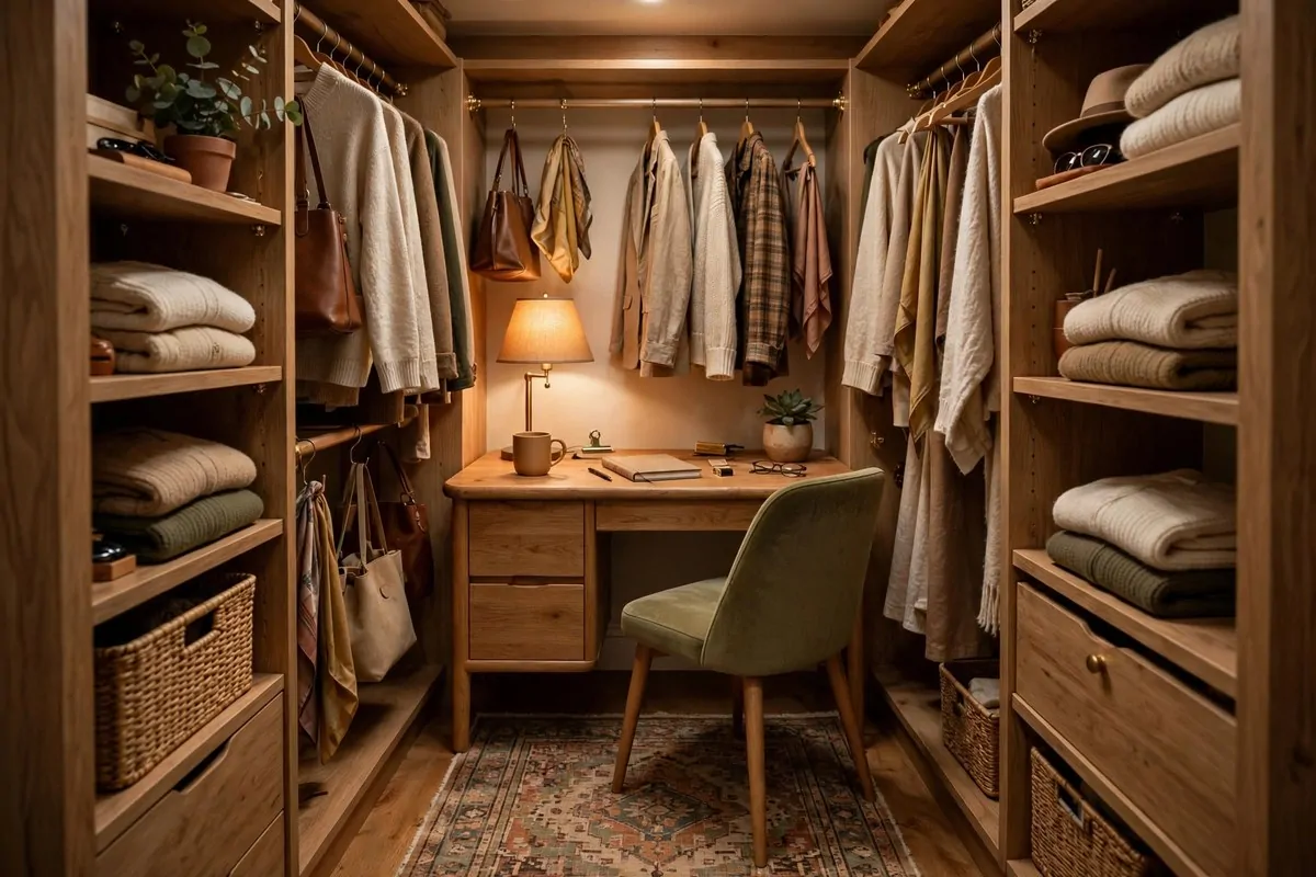 21 Walk in Closet Office Ideas That Feel Like a Boutique Studio 15 Boutique walk in closet office with a small patterned area rug under the desk