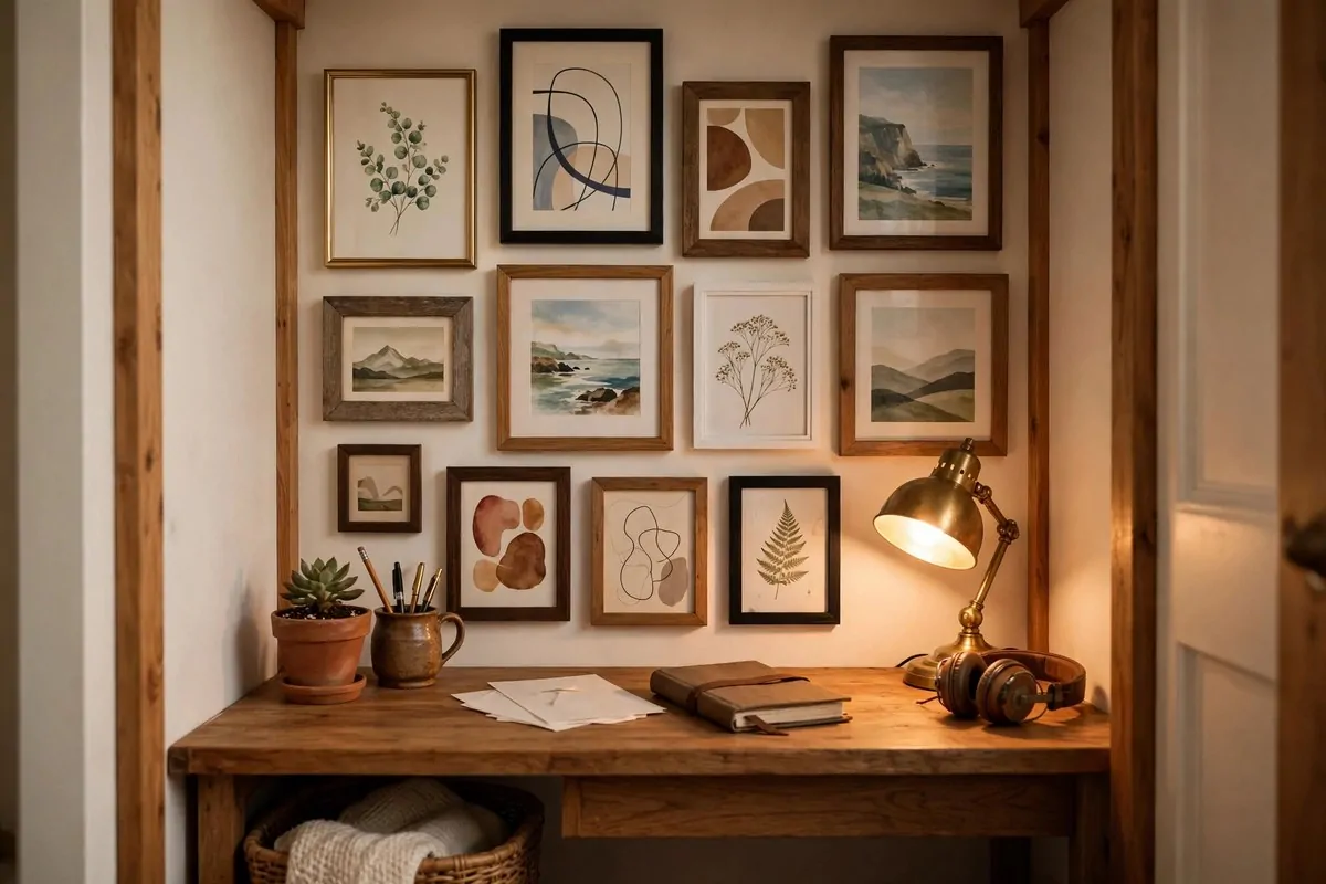 21 Walk in Closet Office Ideas That Feel Like a Boutique Studio 16 Closet office back wall covered with a gallery of framed art prints above the desk