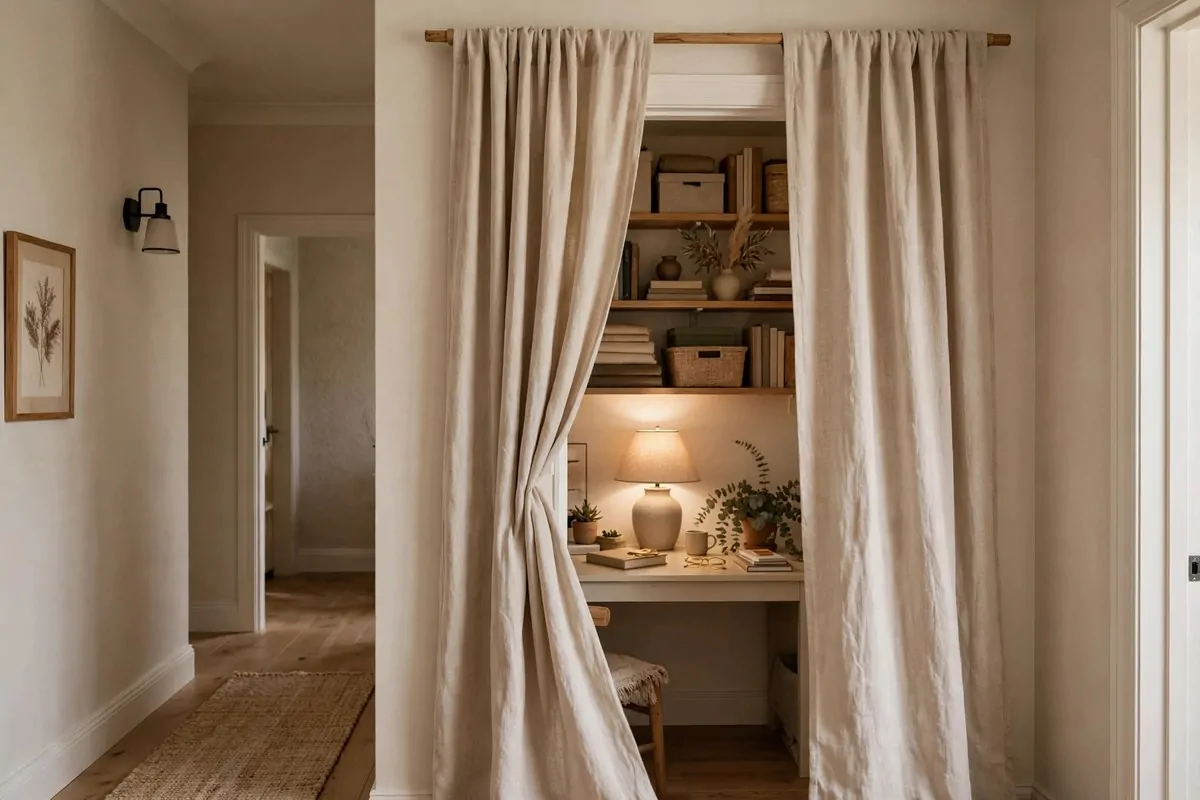21 Walk in Closet Office Ideas That Feel Like a Boutique Studio 17 Walk in closet office with a soft beige linen curtain hiding the doorway