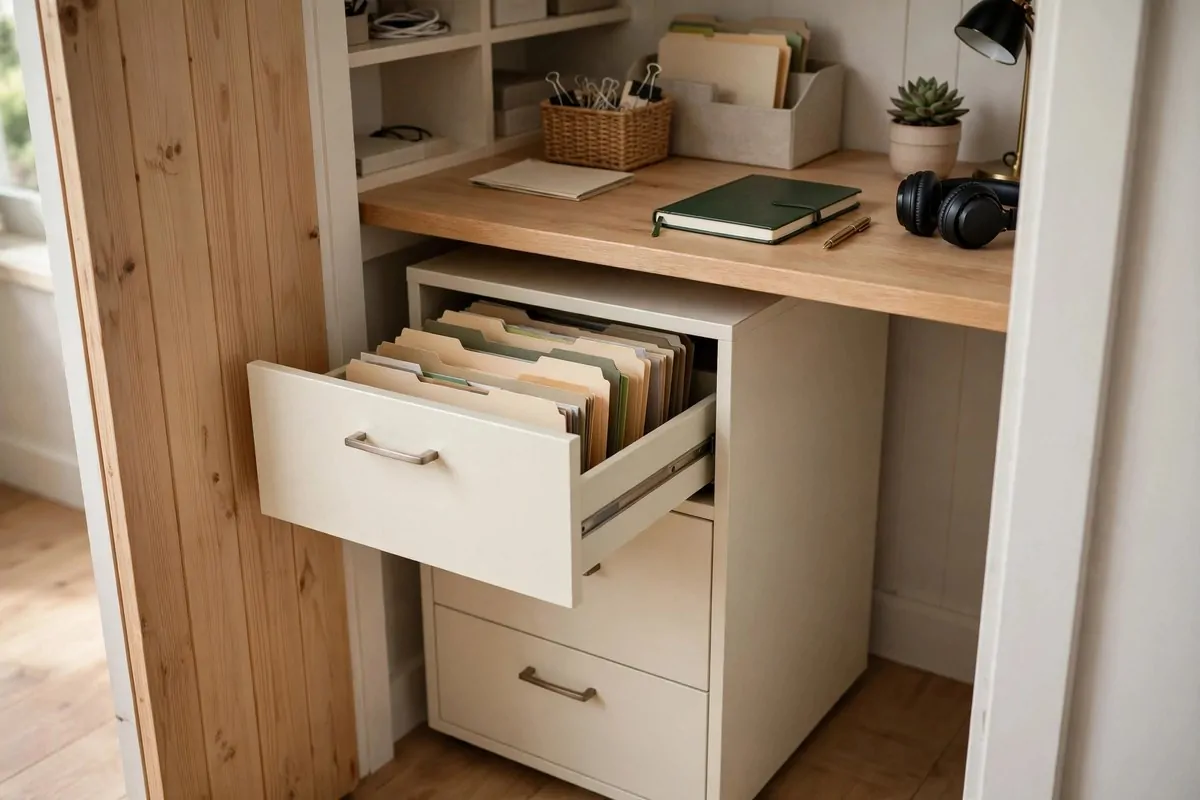 21 Walk in Closet Office Ideas That Feel Like a Boutique Studio 18 Slim filing cabinet tucked under a wooden desk inside a small closet office