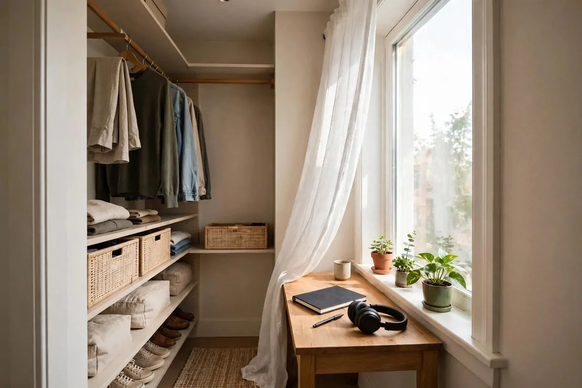 21 Walk in Closet Office Ideas That Feel Like a Boutique Studio 19 Desk placed by the window of a walk in closet office with plants on the sill