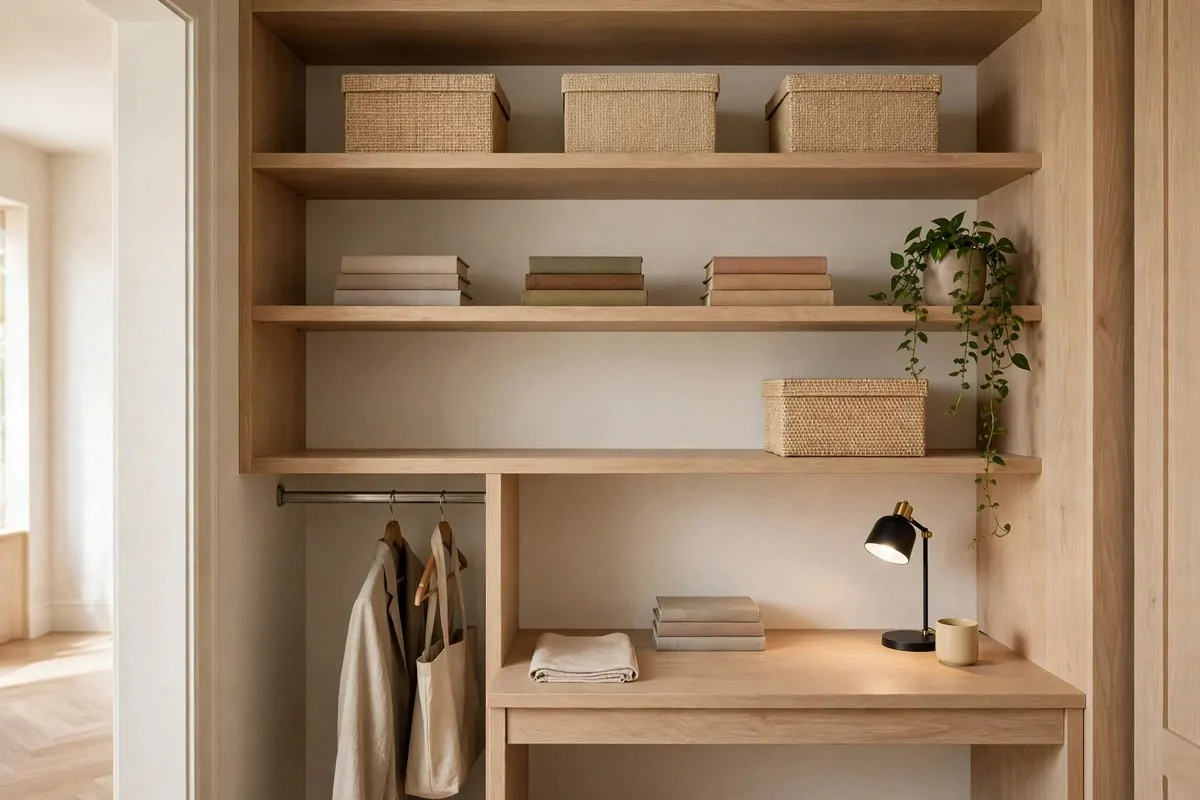 21 Walk in Closet Office Ideas That Feel Like a Boutique Studio 20 Walk in closet office with styled open shelves holding books, boxes and a small plant