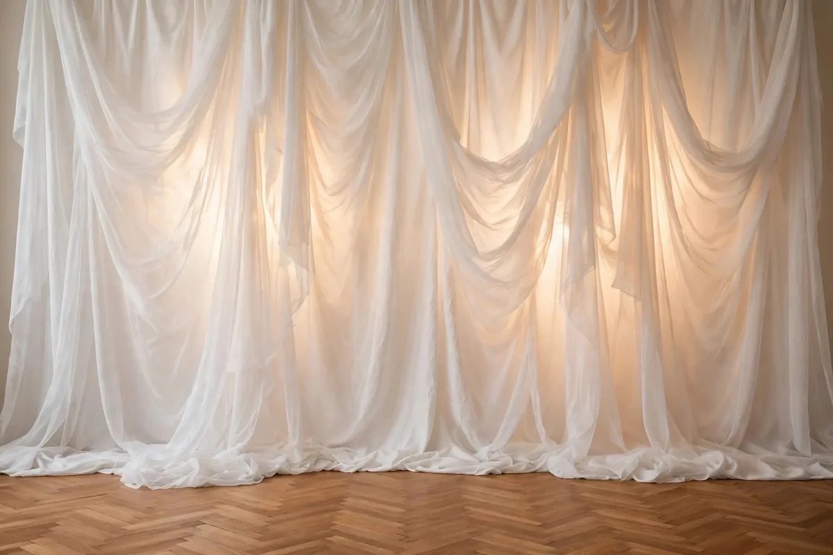 Flowing white drapes for Wedding Photo Studio Ideas: sheer fabric cascading in soft studio light
