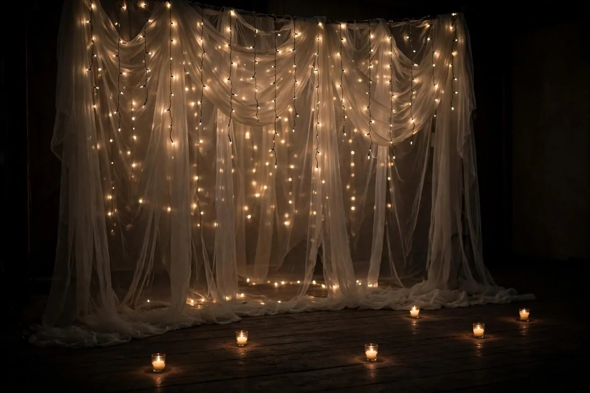 Fairy light curtain for Wedding Photo Studio Ideas: warm twinkling lights behind sheer fabric