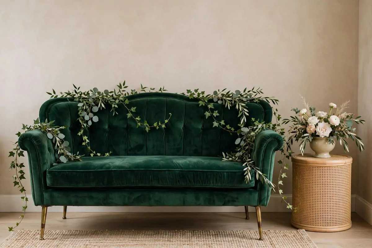 Vintage velvet settee for Wedding Photo Studio Ideas: emerald green sofa with trailing greenery