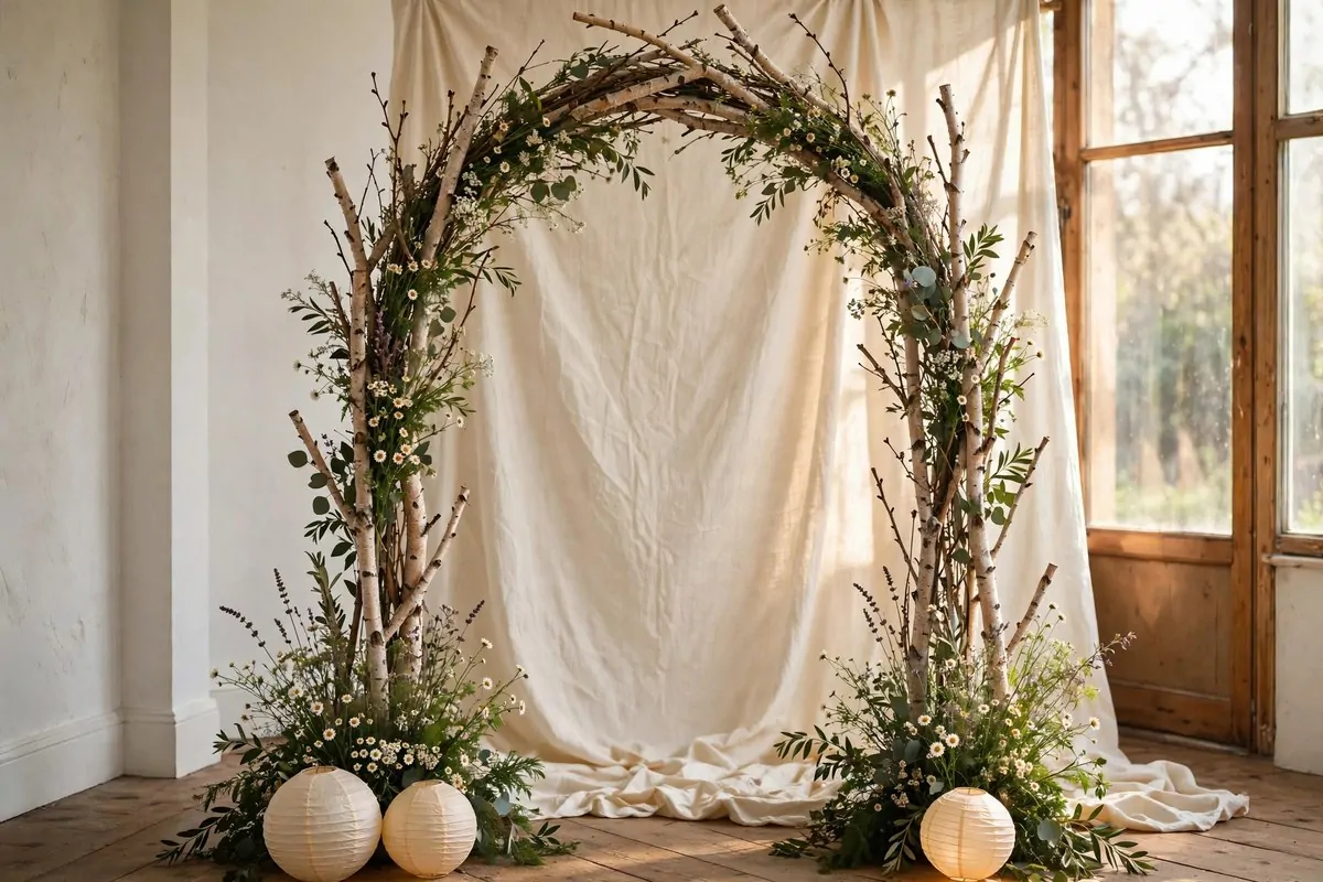 Rustic wooden arch for Wedding Photo Studio Ideas: birch poles with wildflowers and greenery