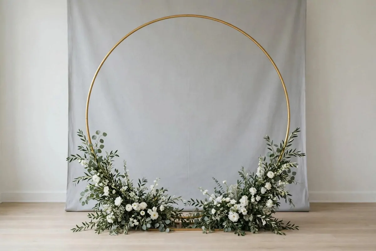 Circular moon gate arch for Wedding Photo Studio Ideas: round metal frame with greenery and white blooms