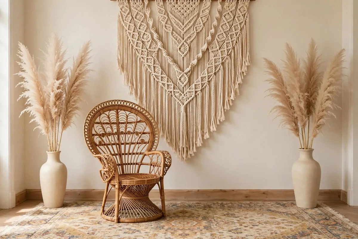 Boho macrame wall for Wedding Photo Studio Ideas: knotted wall hanging with pampas grass and rattan chair