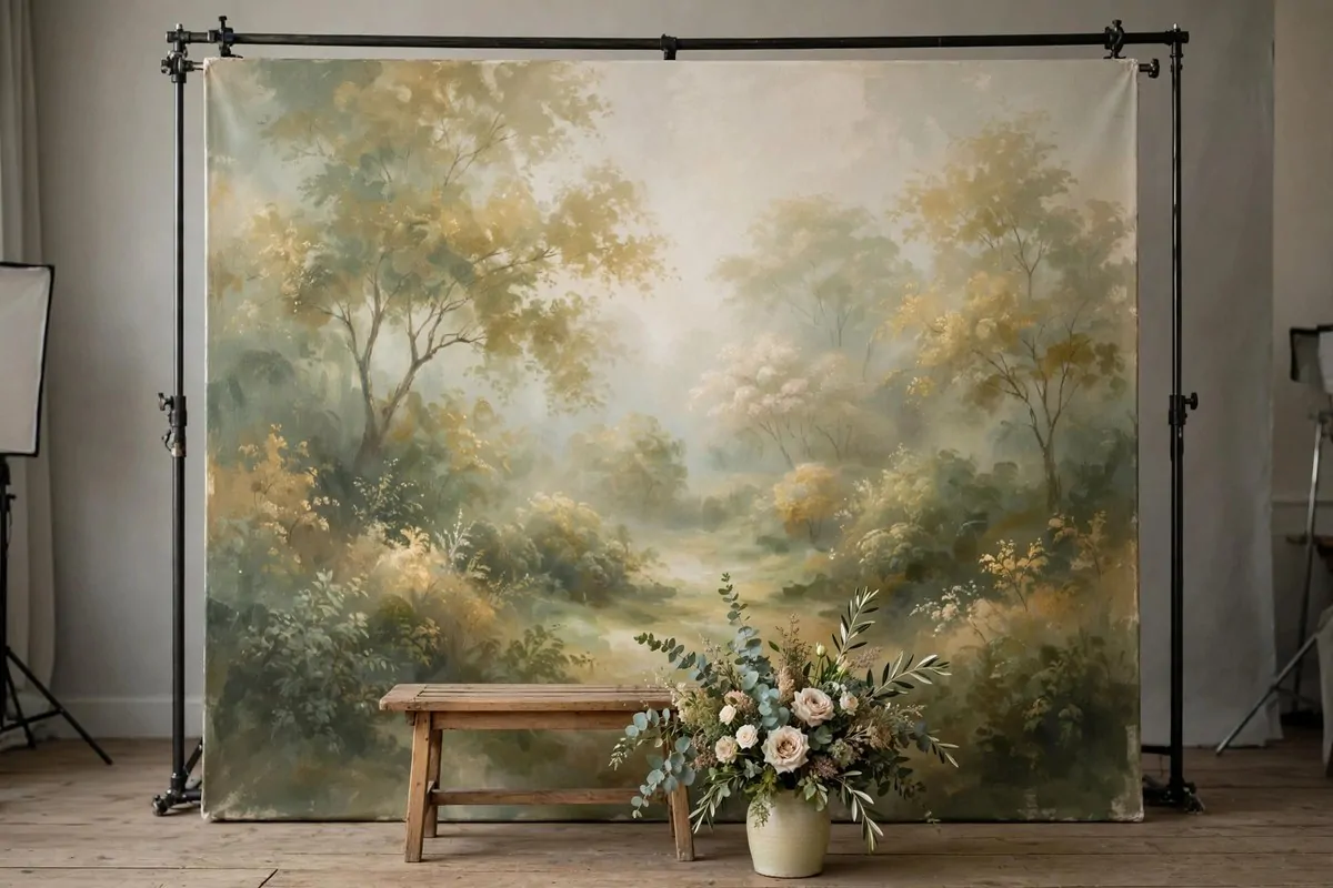 Hand-painted canvas backdrop for Wedding Photo Studio Ideas: soft landscape painting with an antique frame