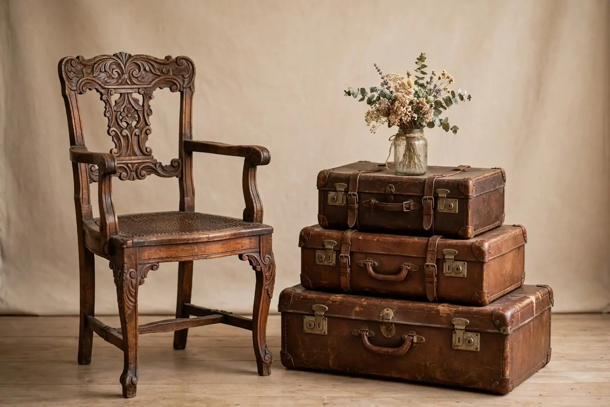 Vintage suitcase vignette for Wedding Photo Studio Ideas: stacked leather suitcases with an antique wooden chair