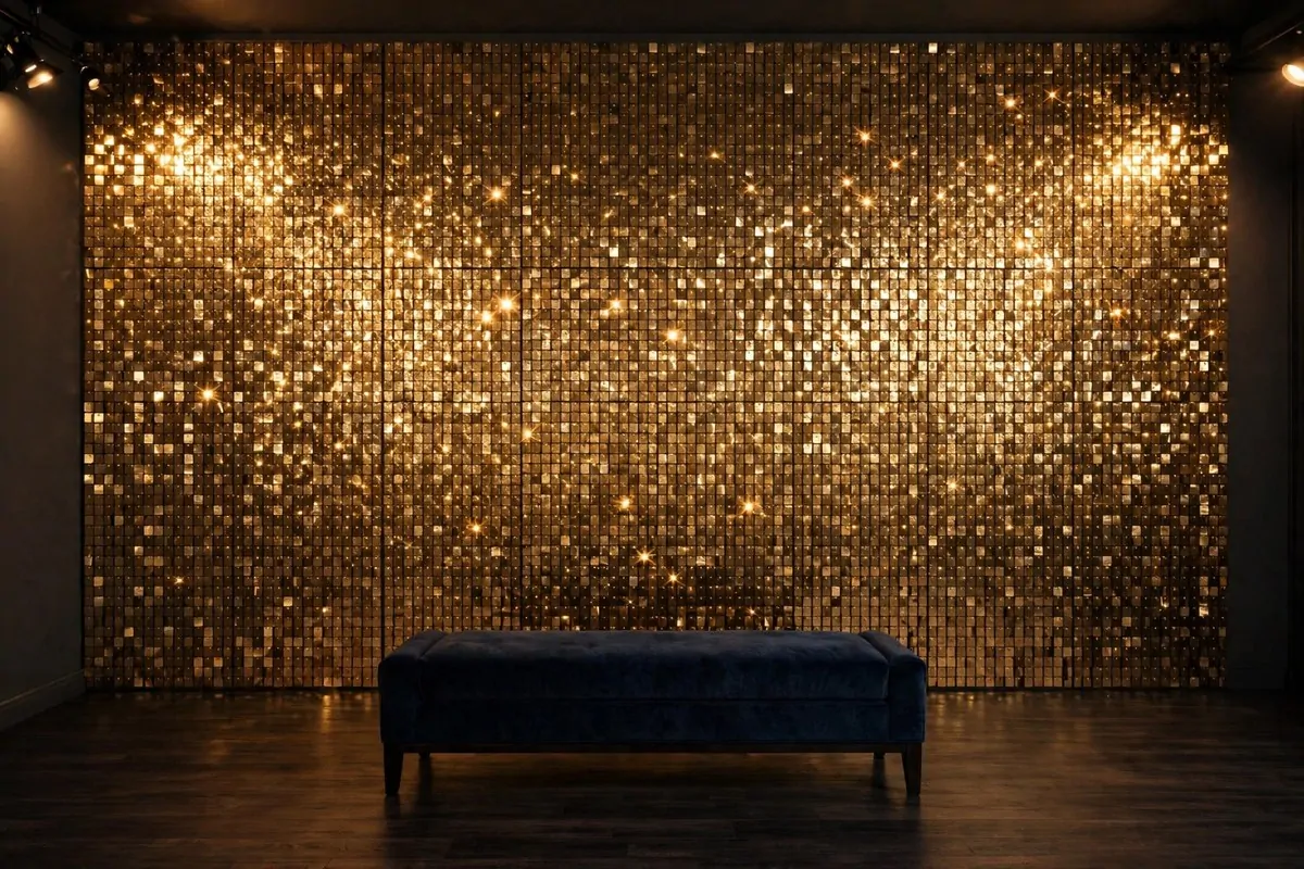 Gold sequin wall for Wedding Photo Studio Ideas: shimmering gold panels with warm studio lighting