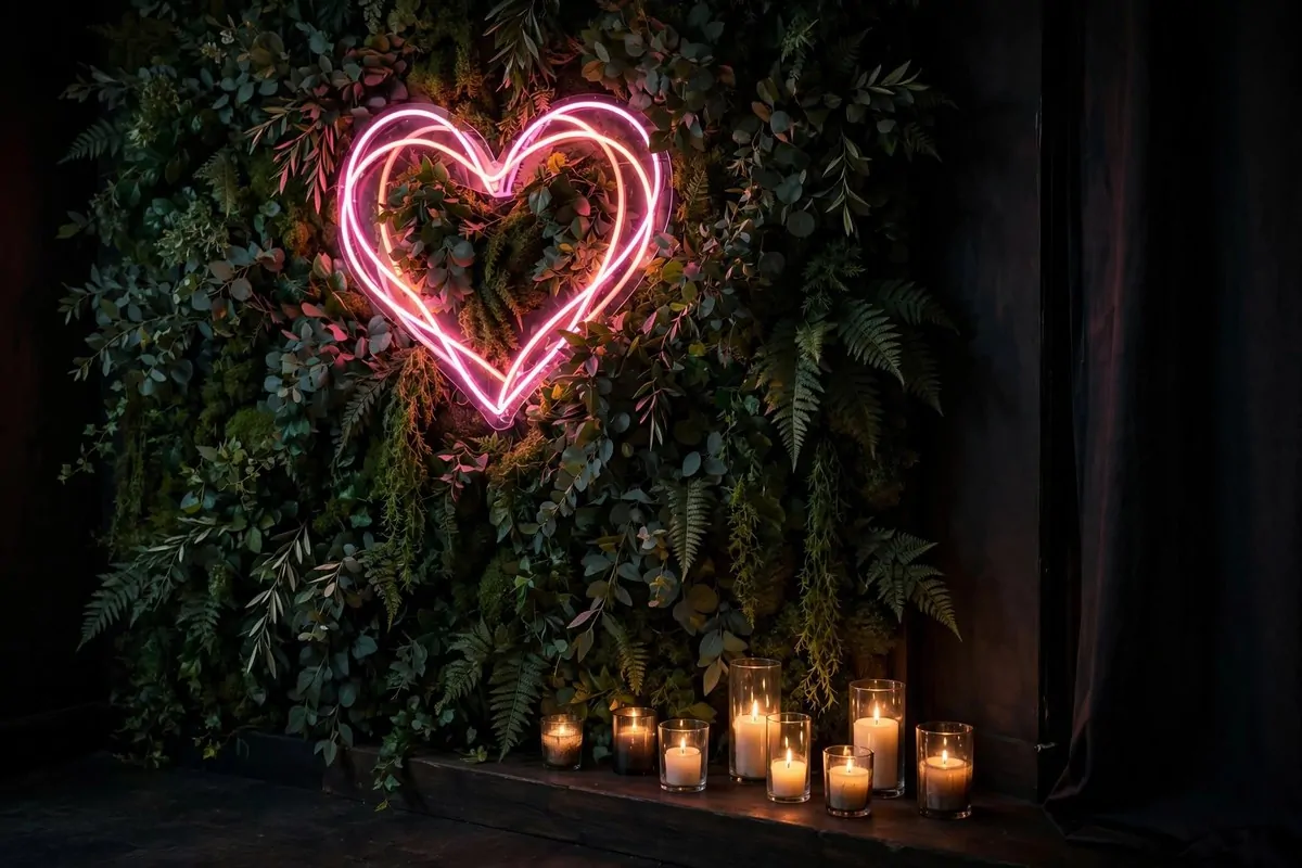 Neon sign backdrop for Wedding Photo Studio Ideas: warm neon script sign on a greenery wall