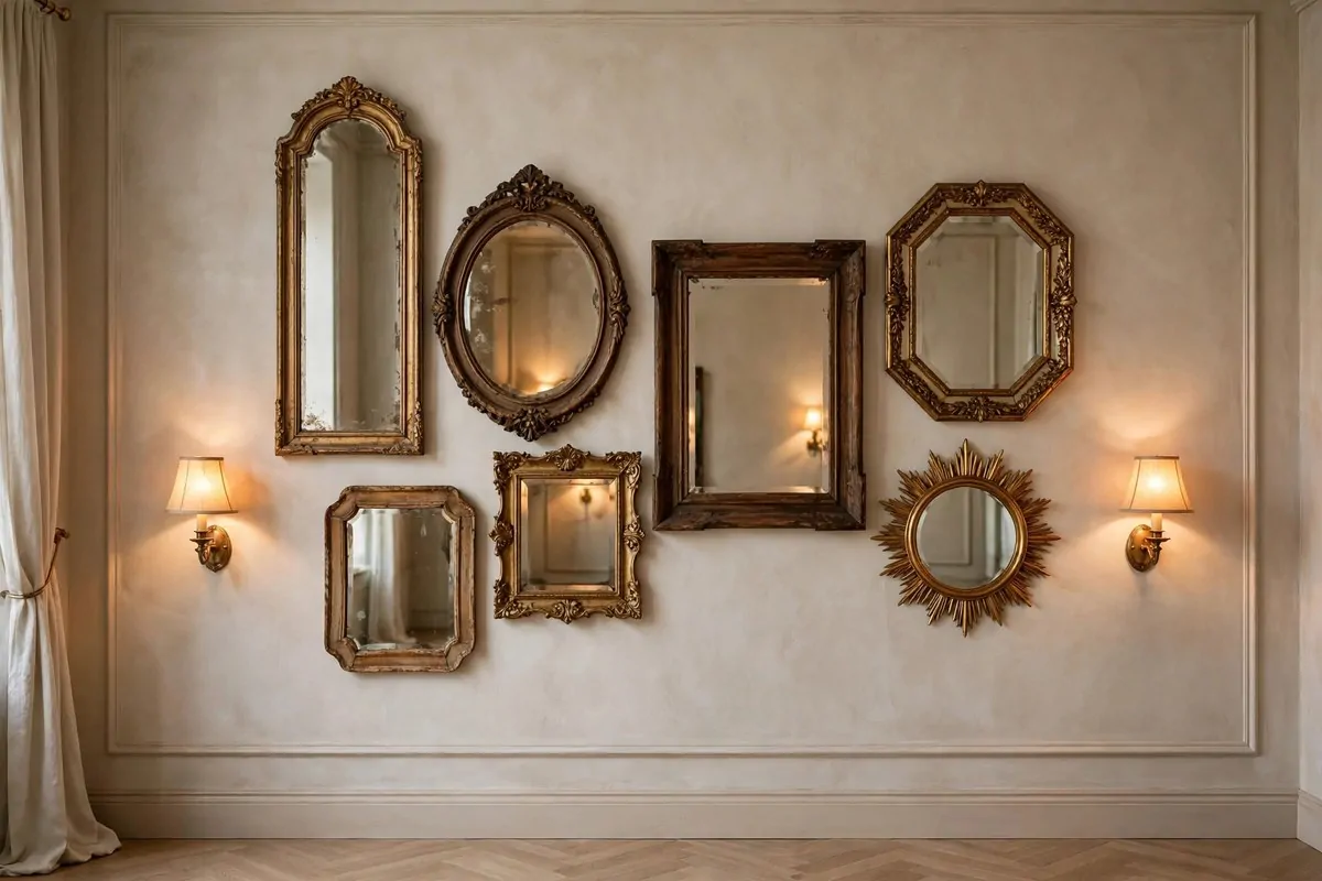 Vintage mirrors wall for Wedding Photo Studio Ideas: ornate antique mirrors of different shapes on a wall