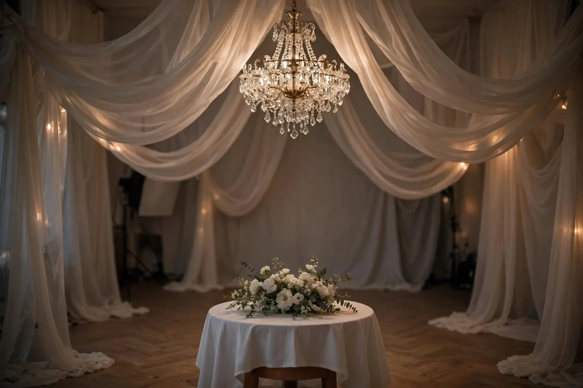 Crystal chandelier drapes for Wedding Photo Studio Ideas: sparkling chandelier with flowing sheer curtains
