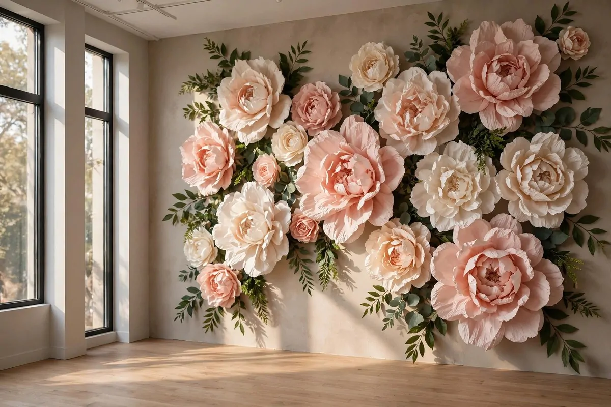 Paper flower wall for Wedding Photo Studio Ideas: giant blush paper blooms on a neutral wall