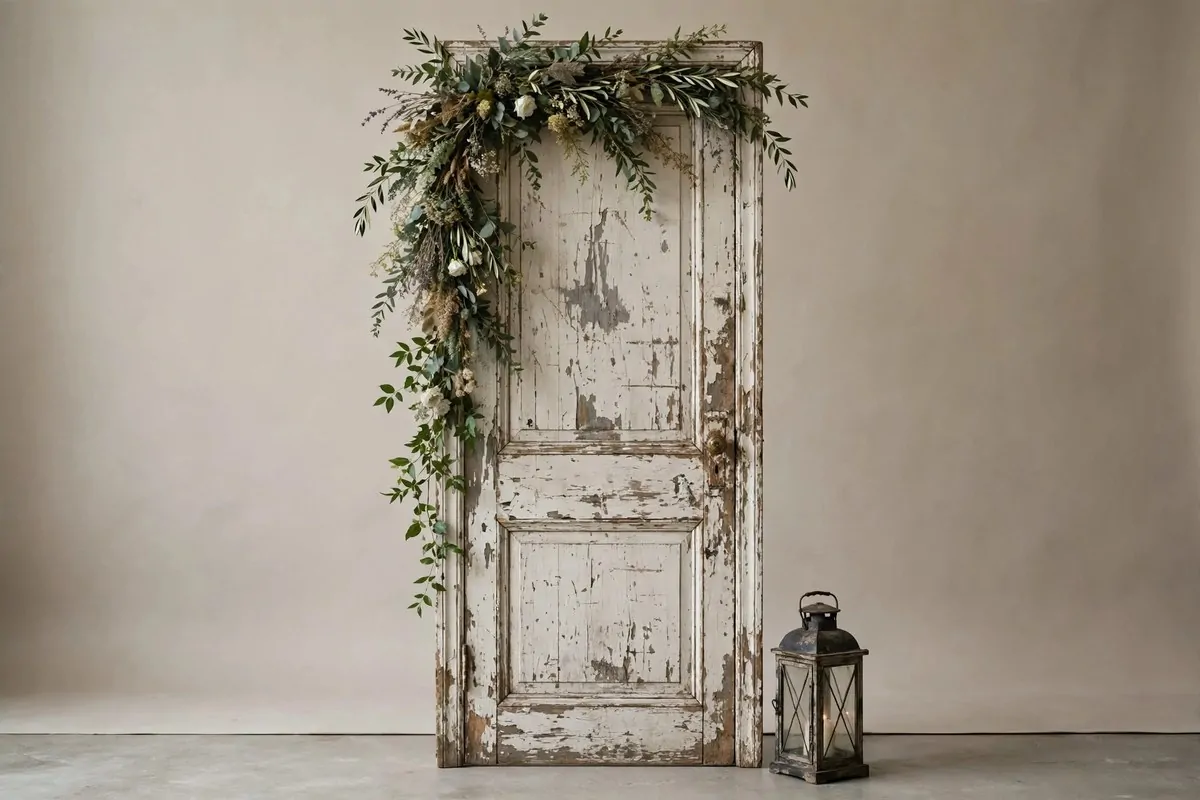 Vintage door backdrop for Wedding Photo Studio Ideas: weathered wooden door decorated with trailing flowers