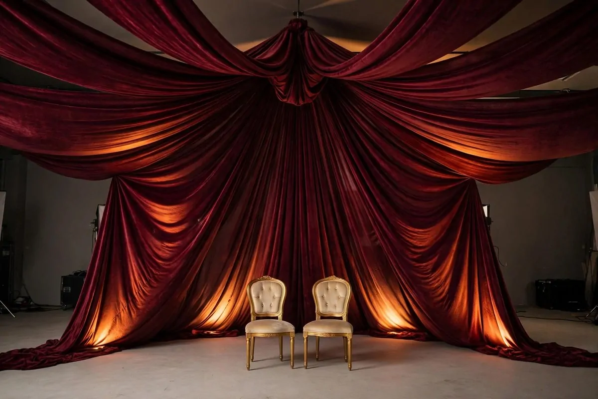 Velvet drape canopy for Wedding Photo Studio Ideas: rich fabric canopy hanging from ceiling with soft light