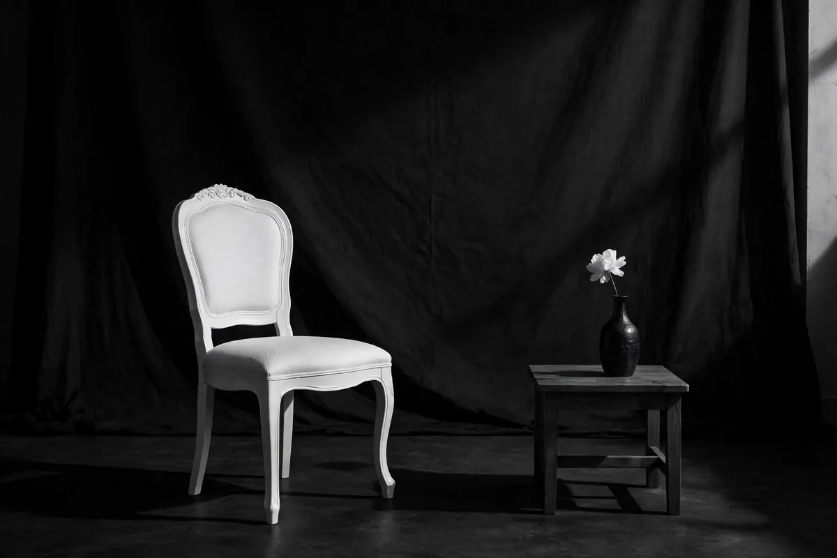 Black and white setup for Wedding Photo Studio Ideas: monochrome studio corner with classic props