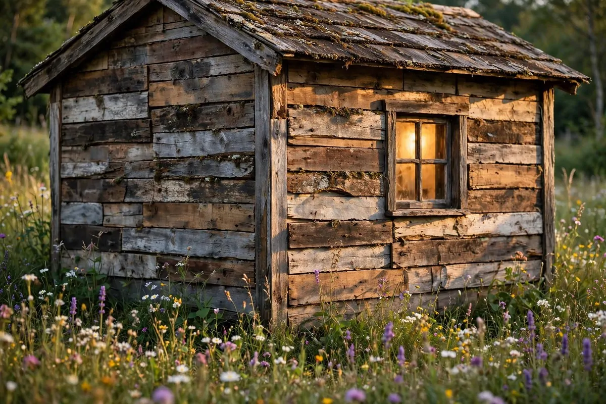 Rustic tiny cabin wall made from reclaimed wood planks