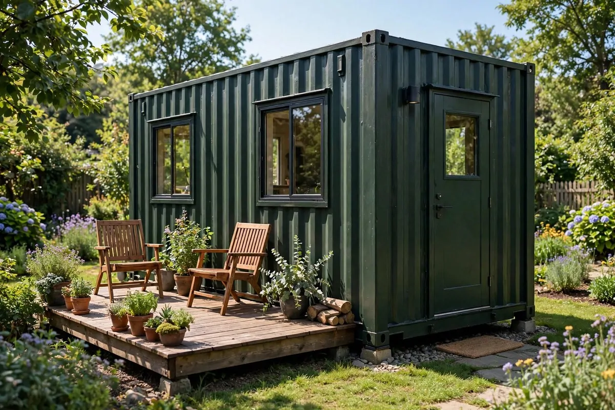 Shipping container tiny home with wooden deck and potted plants