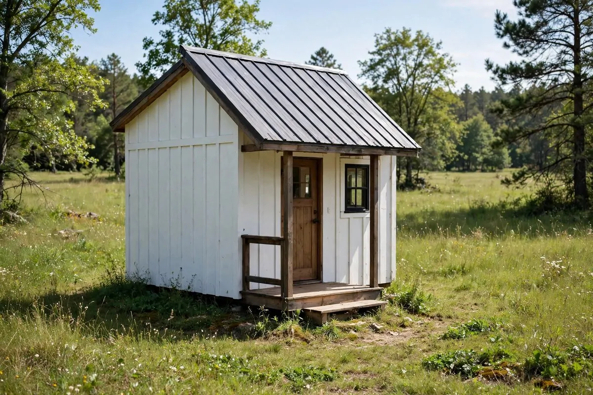Small rectangular tiny home with simple metal roof in a clearing