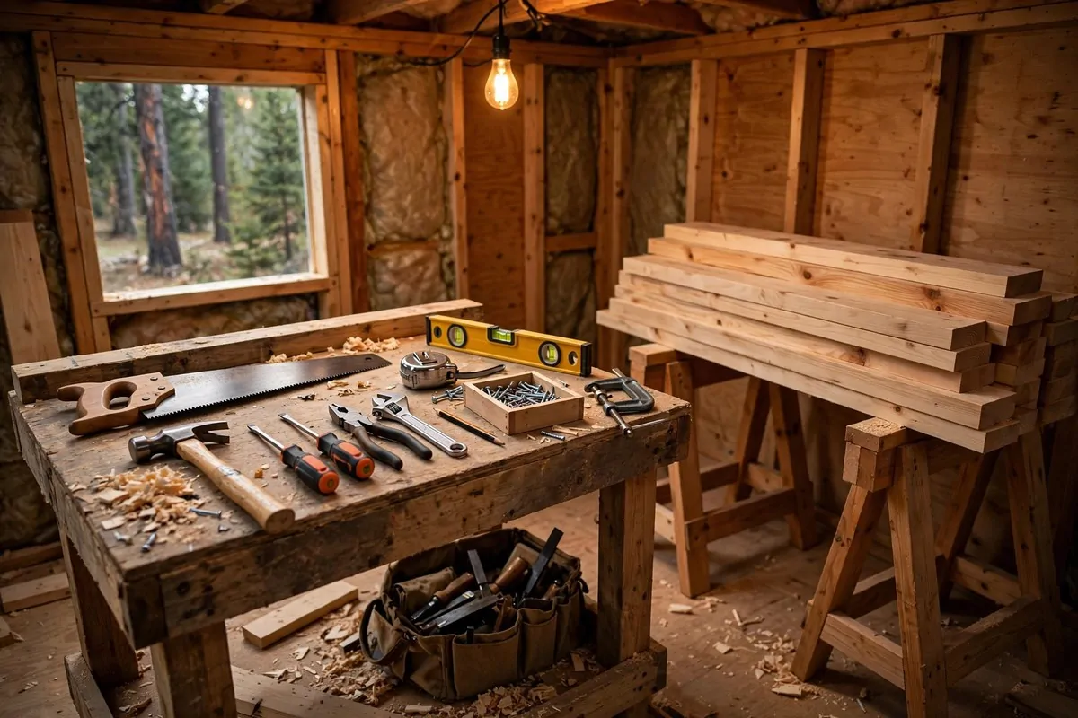 Workbench with hand tools, lumber, and a level in a workshop