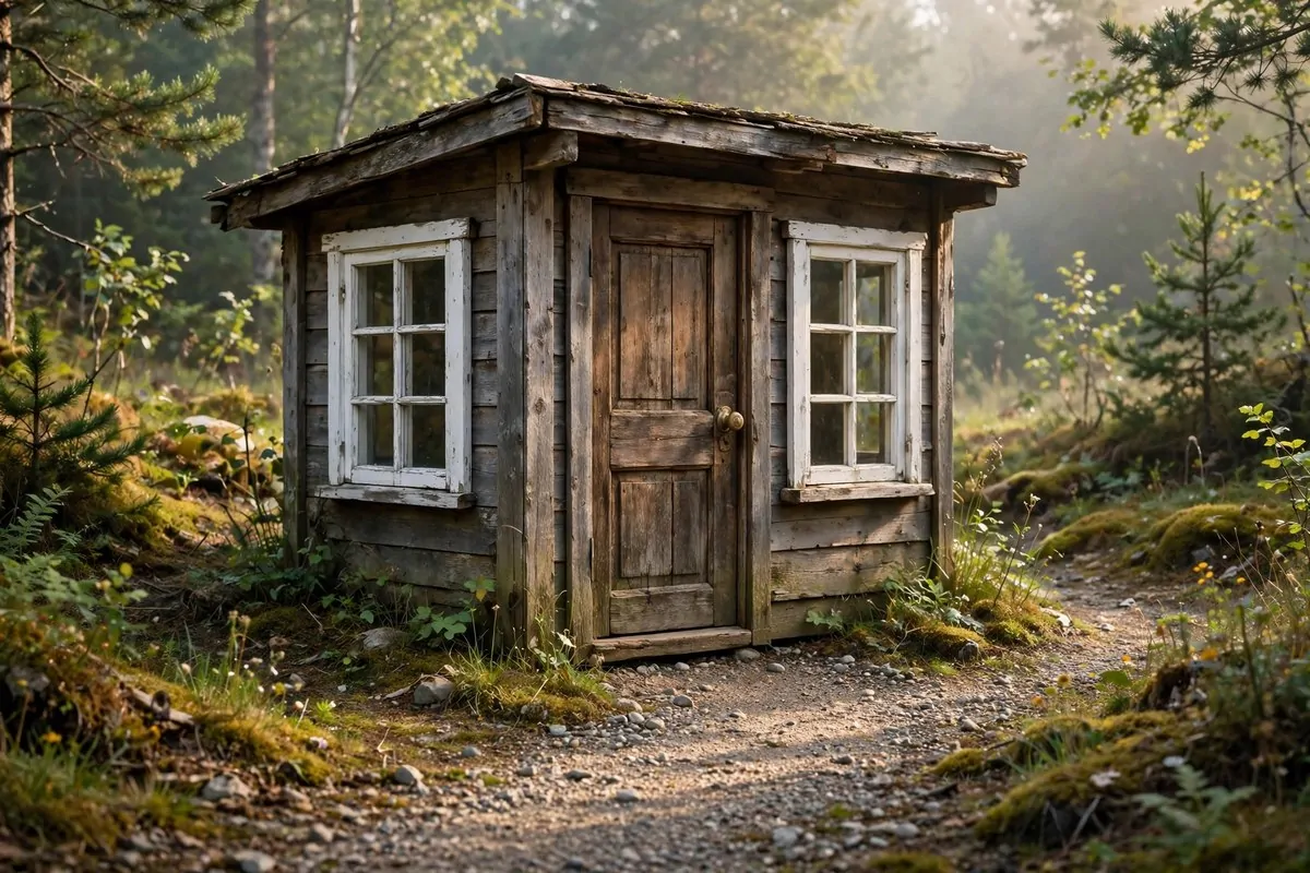 Vintage wooden door and salvaged windows installed on a tiny cabin