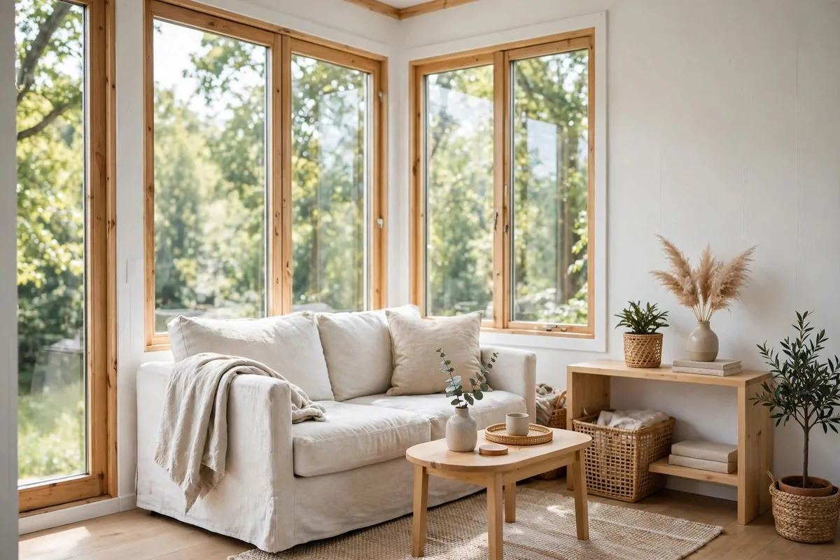 Bright white tiny home living room with natural light from windows