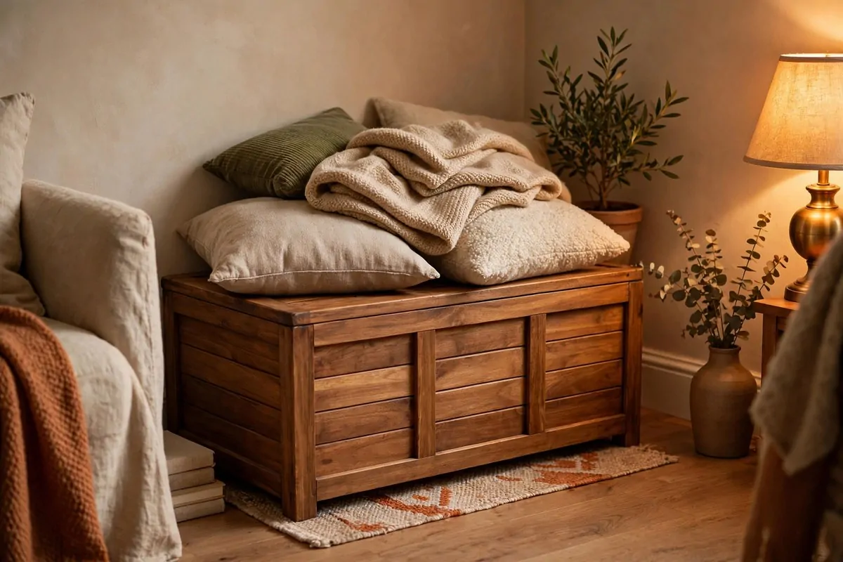 Wooden storage ottoman coffee table in a tiny living room