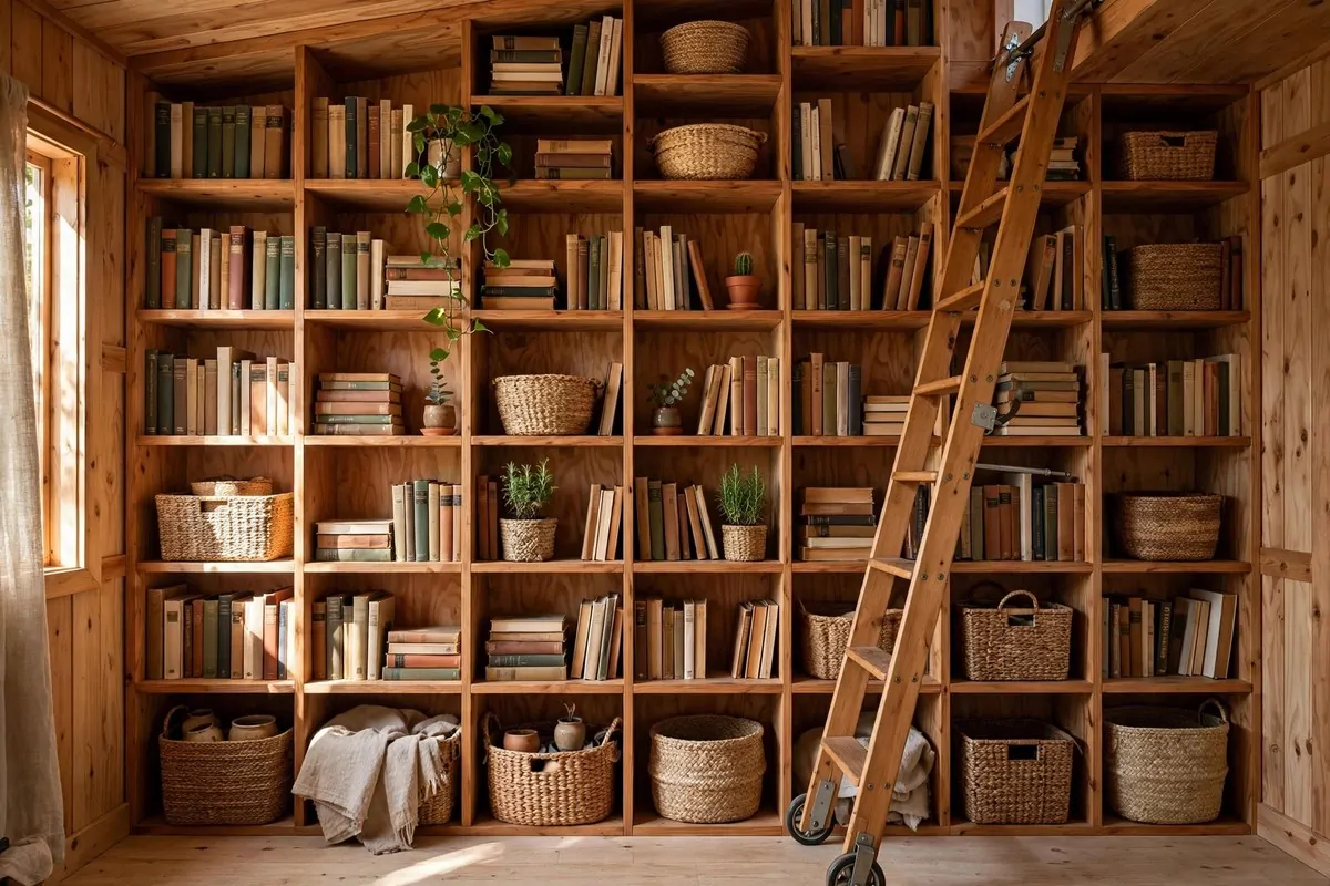 Floor to ceiling wooden wall shelves filled with books and plants in a small home
