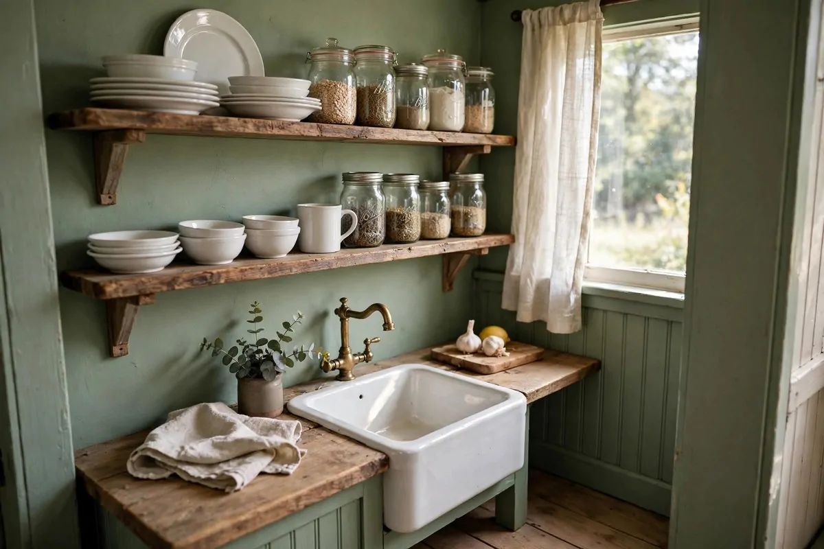 Tiny kitchen with open wooden shelves holding dishes and glasses