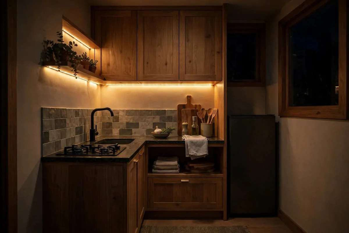 Warm LED strip lights glowing under kitchen cabinets at night