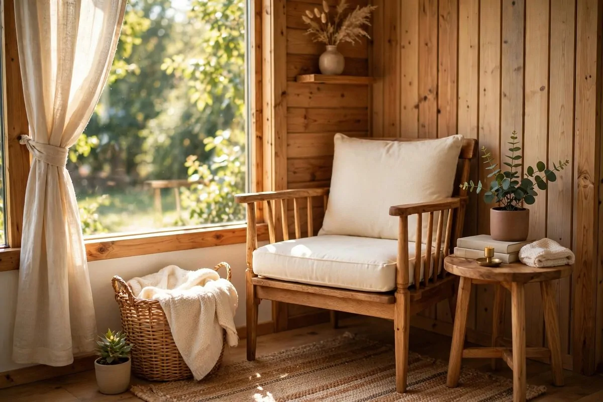 Thrifted wooden armchair with cushion next to a small side table