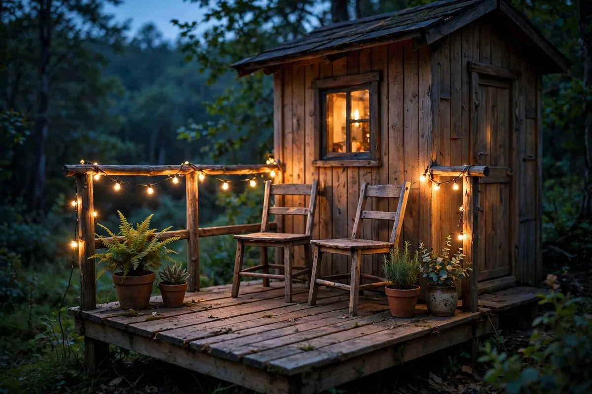 Small wooden deck with string lights, two chairs, and potted plants at dusk