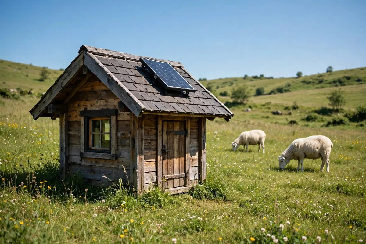 Solar panel mounted on the roof of a small wooden cabin