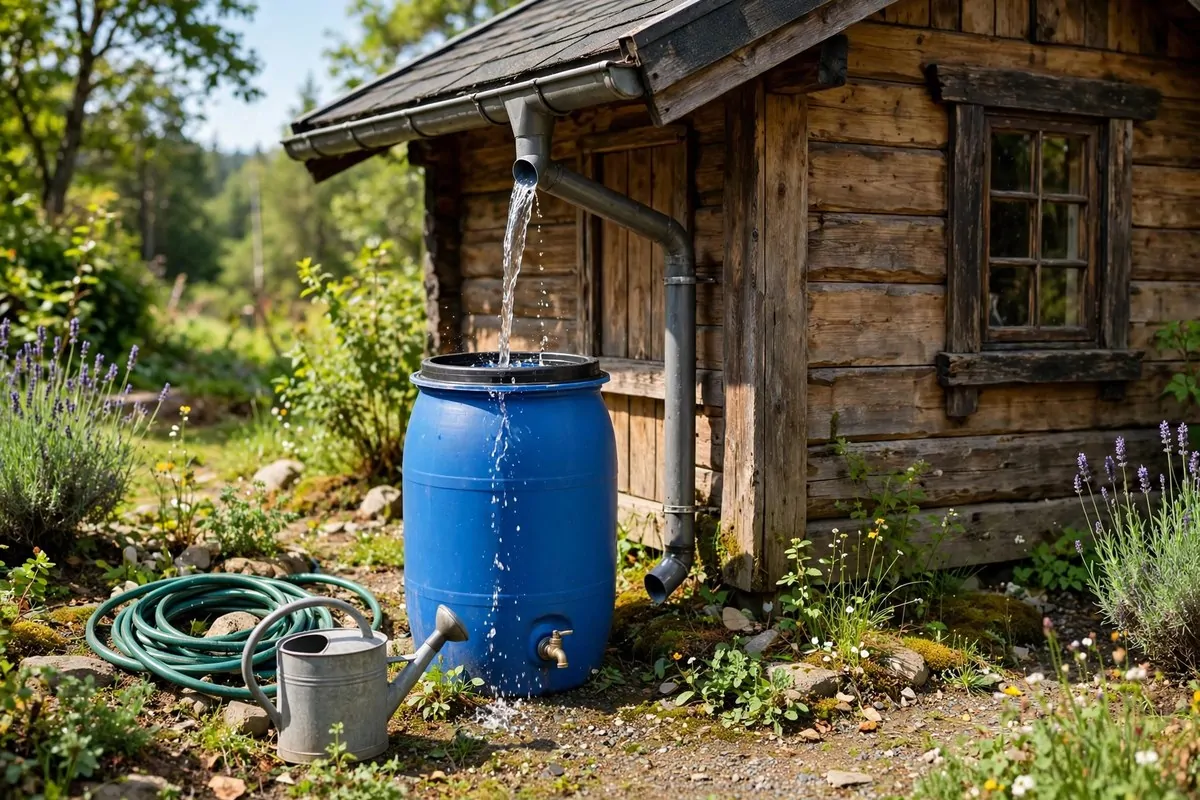 Blue rain barrel collecting water from a cabin downspout