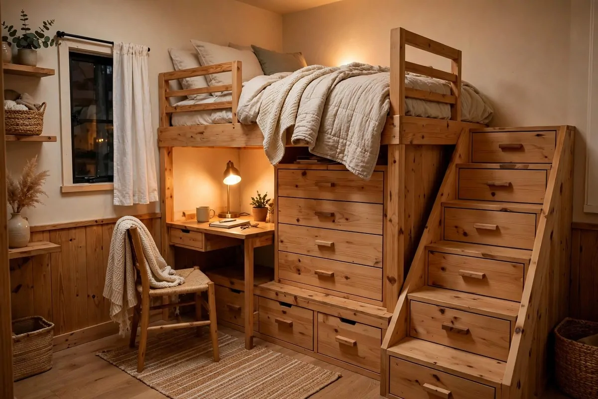 Wooden loft bed with storage drawers built underneath in a tiny bedroom