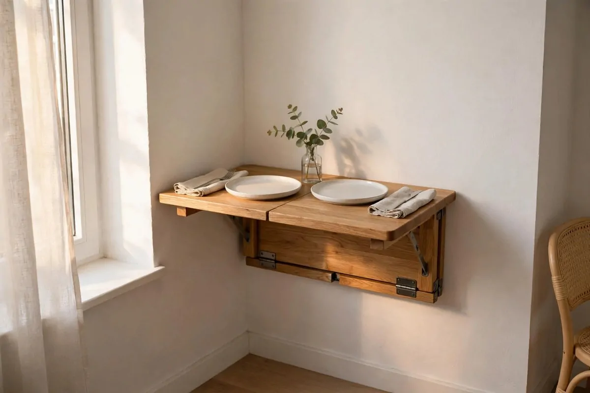 Fold down wooden wall table set for dinner in a small dining corner