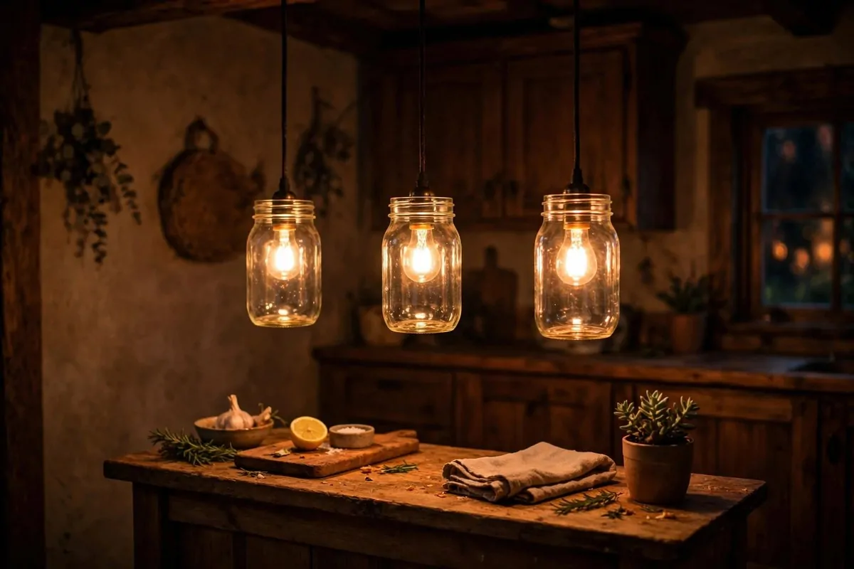 Hanging pendant lights made from mason jars over a tiny kitchen counter