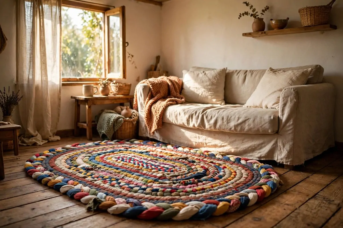 Colorful woven rag rug on a wooden floor in a tiny living room