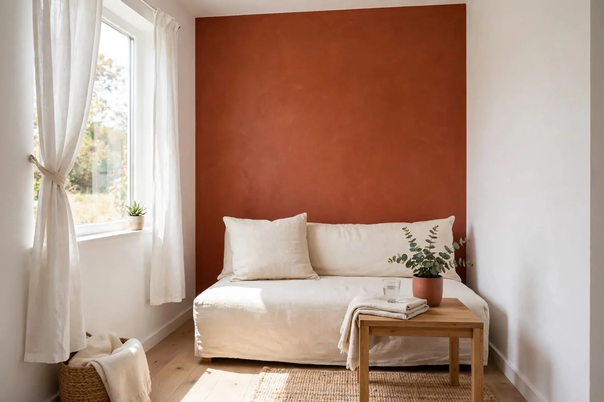 Tiny living room with a bold terracotta accent wall