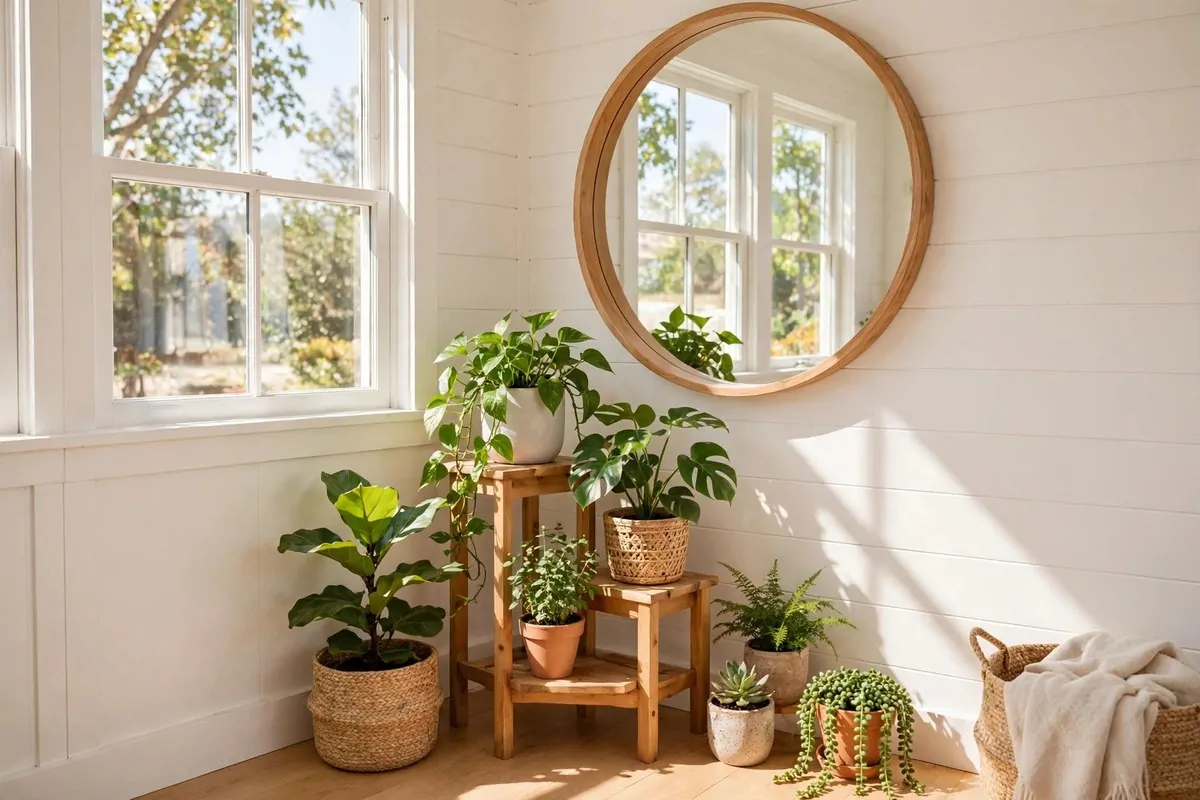 Round mirror and green houseplants in a sunny tiny home corner