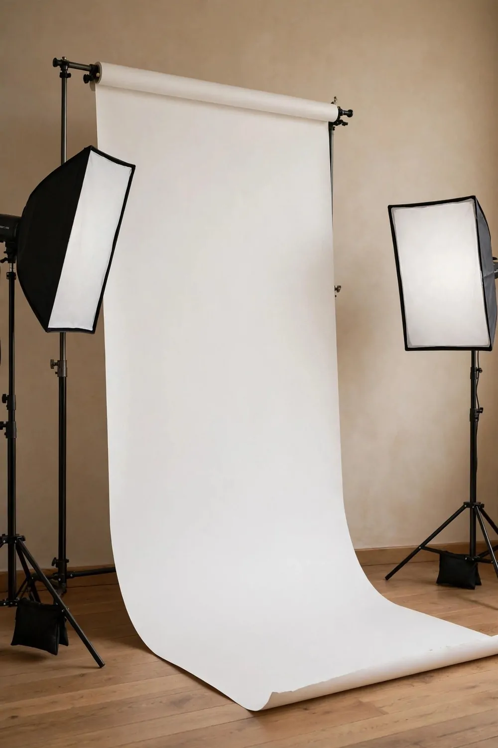 A seamless white paper backdrop unfurled from a stand curving onto a wooden floor with two softbox lights on stands