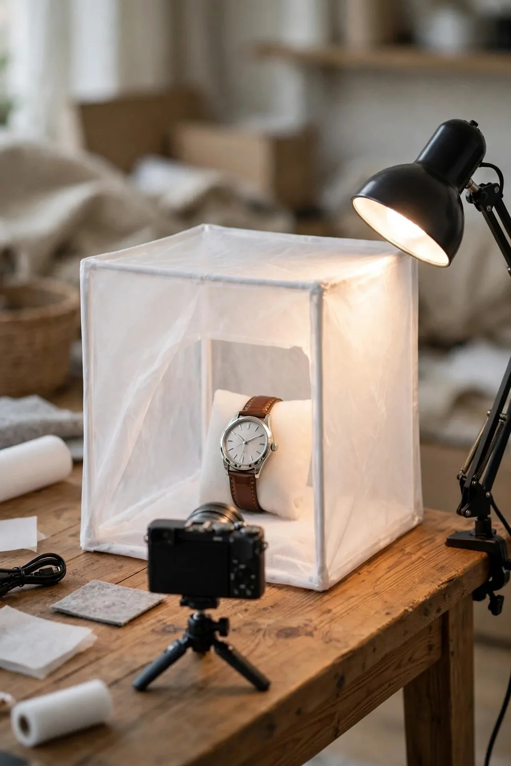 A DIY white fabric light tent on a wooden table with a wristwatch inside, desk lamp shining through the fabric, small camera on a mini tripod