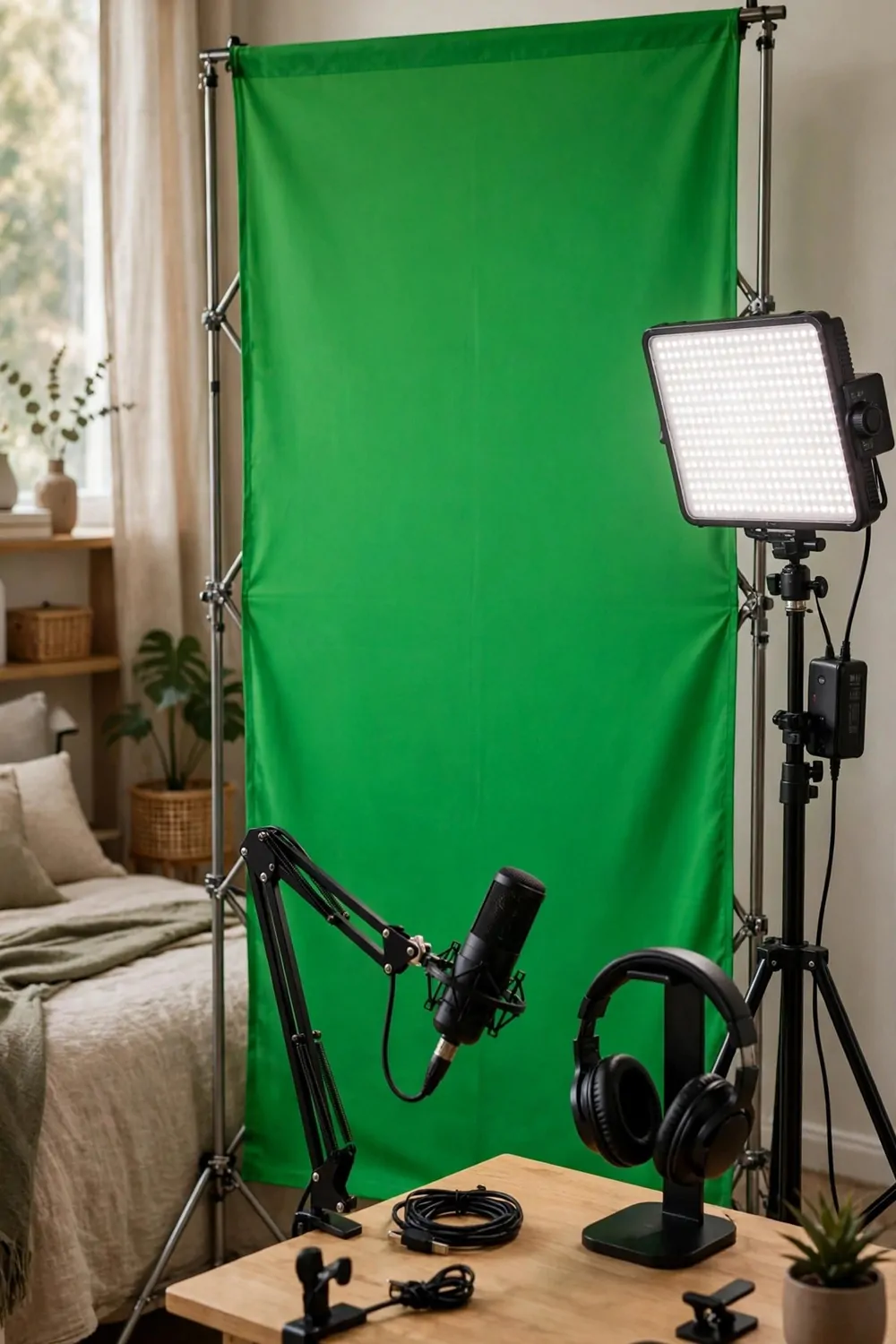 A green screen streaming corner with bright green fabric on a collapsible stand, LED panel light, desk with microphone on an arm and headphones on a stand