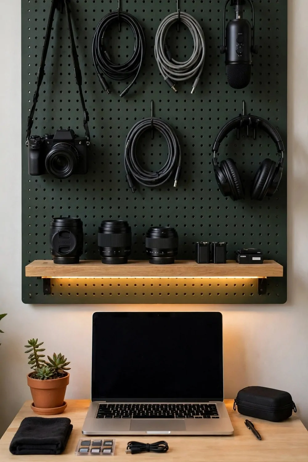 A dark green pegboard gear wall above a creator desk with hanging camera, cables, microphone, shelf with lenses and a warm LED strip